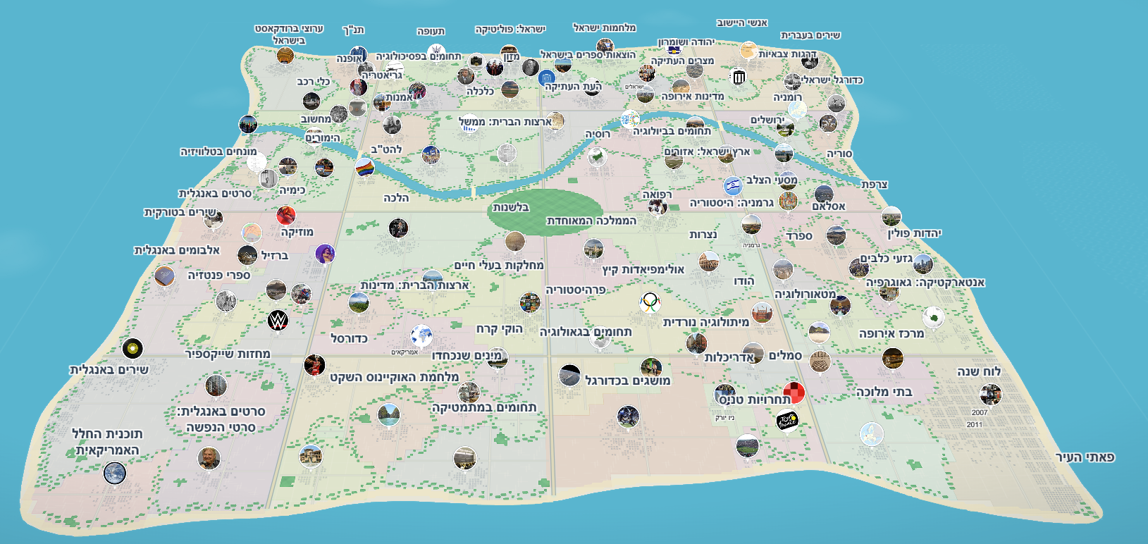 A view over Wikipedia City — thousands of buildings representing Wikipedia articles